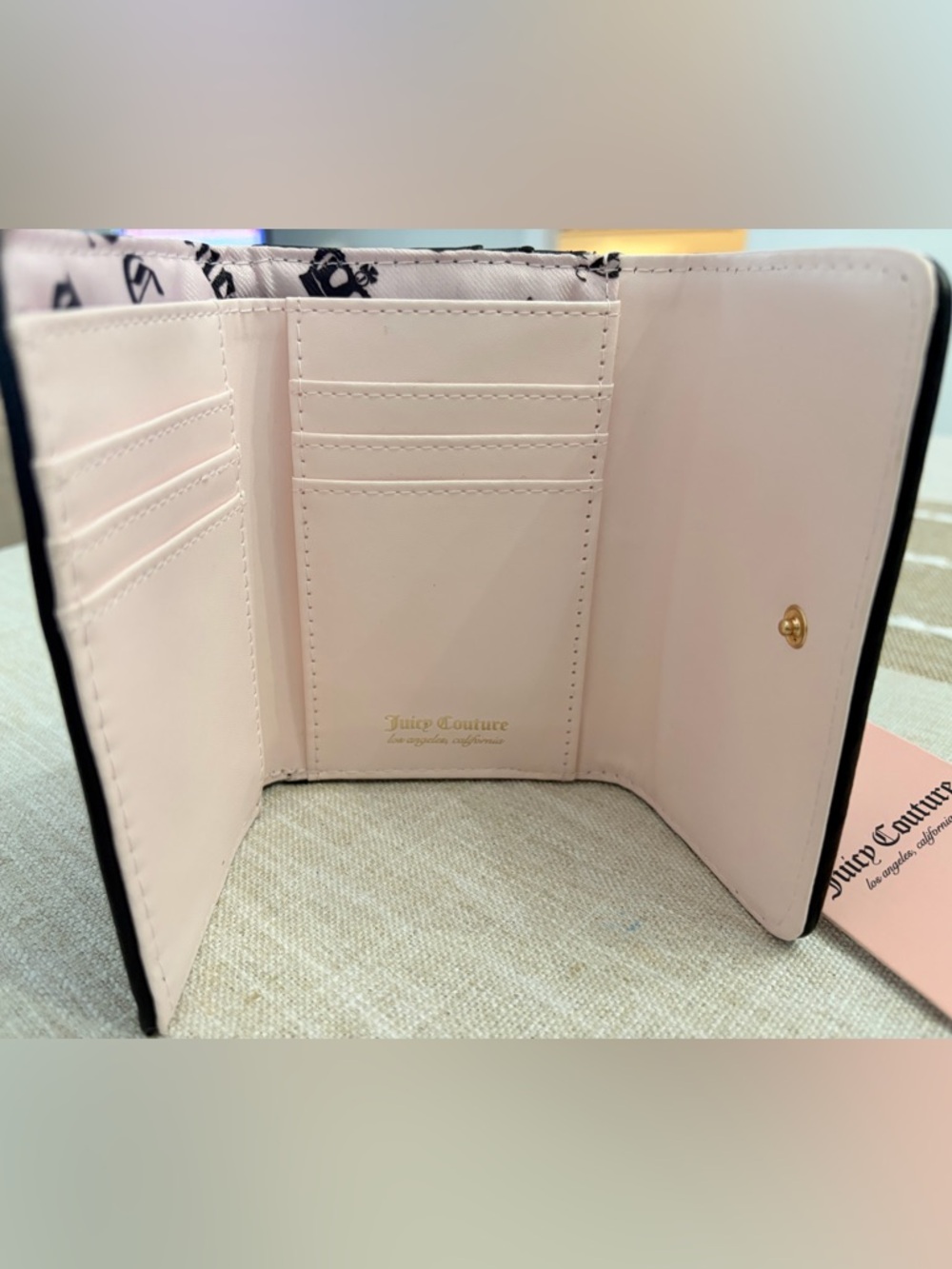 Juicy Couture Black Quilted Heart Mini Trifold Wallet with Gold Heart Accent. - Picture 3 of 5